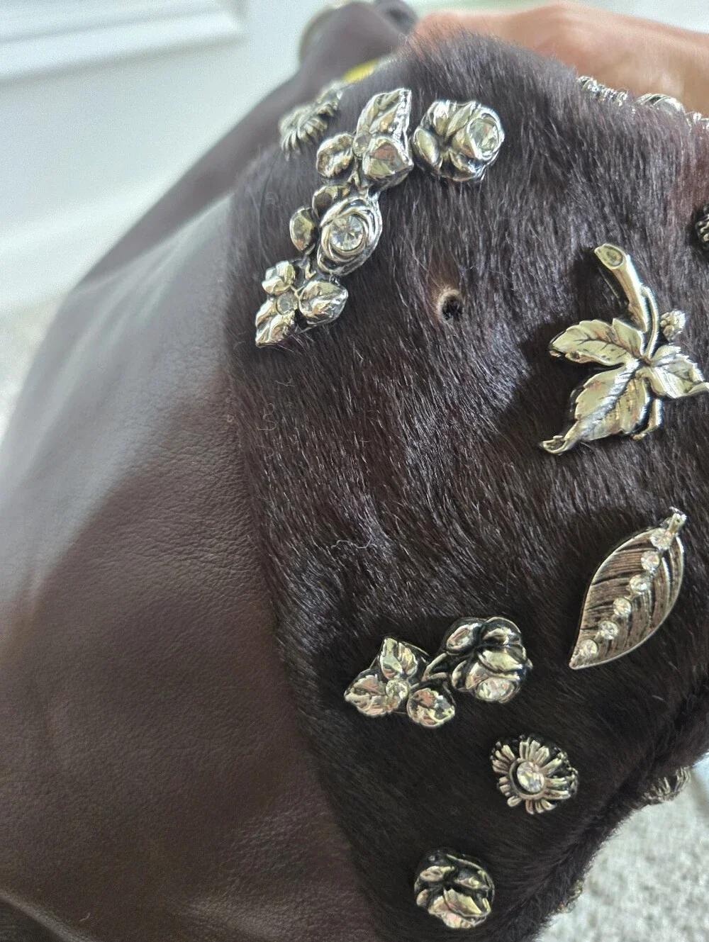 Berge Brown Leather Calfhair Hobo Shoulder Bag Charms Rhinestone Made in Italy